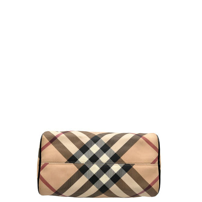 Base di una borsa a mano Burberry in canvas tartan e finiture nere lucide, usata, originale, second hand, in ottime condizioni.