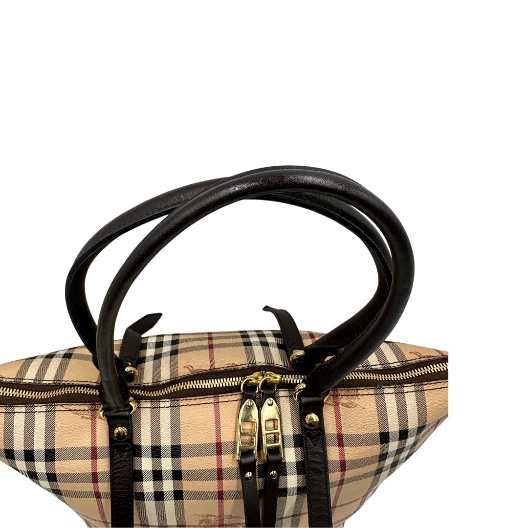 Borsa Burberry in canvas trama tartan e finiture in pelle testa di moro, di lusso, originale, ottime condizioni.