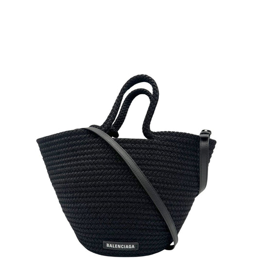 front  Basket Balenciaga in nylon nero intrecciato con finiture in pelle tono su tono, di lusso, eccellenti condizioni, usata, originale.  