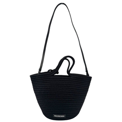 front  Basket Balenciaga in nylon nero intrecciato con finiture in pelle tono su tono, di lusso, eccellenti condizioni, usata, originale.  