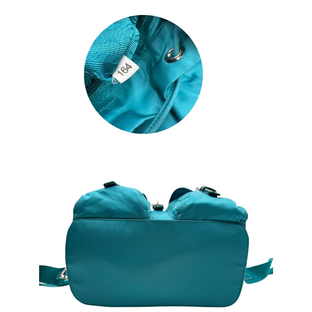 base  zaino Prada in nylon color turchese e finiture in pelle tono su tono, di lusso, originale, ottime condizioni, usato. 