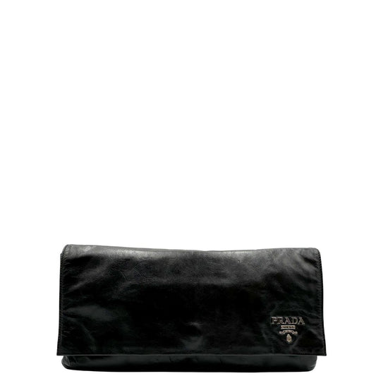 front Pochette Prada in pelle nera, da portare a mano, di lusso, originale, ottime condizioni, usata.