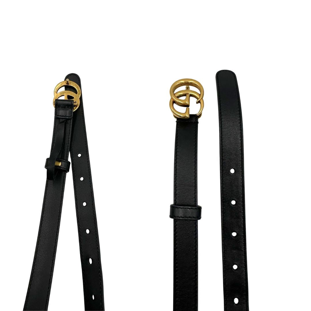  Cintura Gucci Marmont in pelle nera e hardware dorato anticato, di lusso, originale, ottime condizioni.