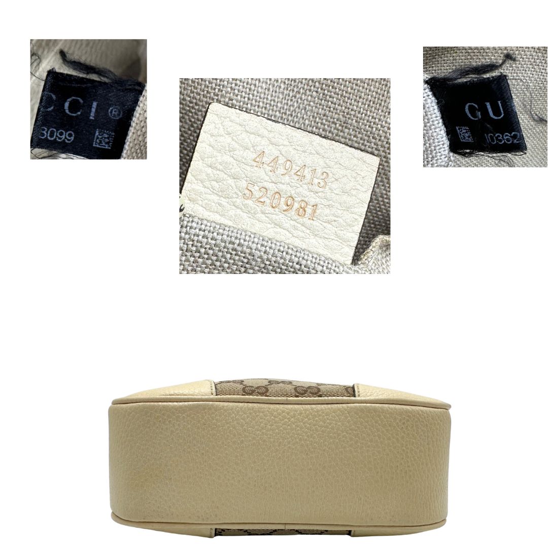 base  Camera Bag Gucci in tessuto GG con finiture in pelle color avorio, di lusso, originale, ottime condizioni, usata. 