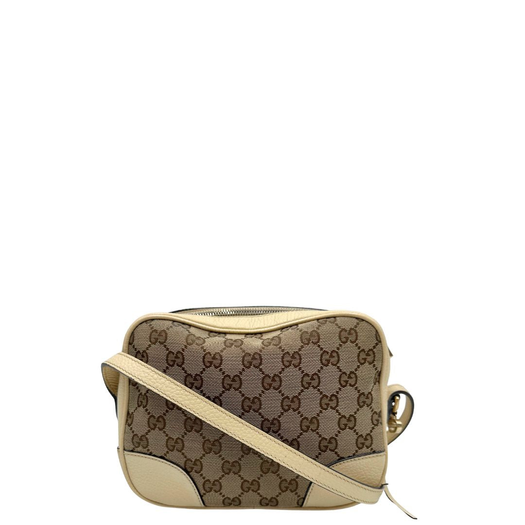 front  Camera Bag Gucci in tessuto GG con finiture in pelle color avorio, di lusso, originale, ottime condizioni, usata. 