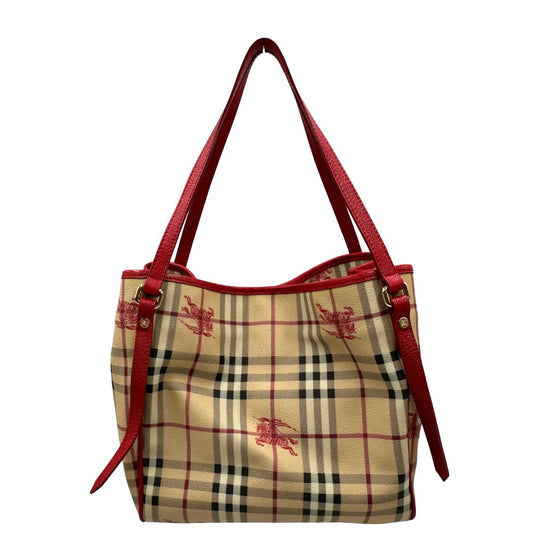 front Borsa Burberry in canvas trama tartan e finiture in pelle rossa, di lusso, originale, ottime condizioni, usata. 