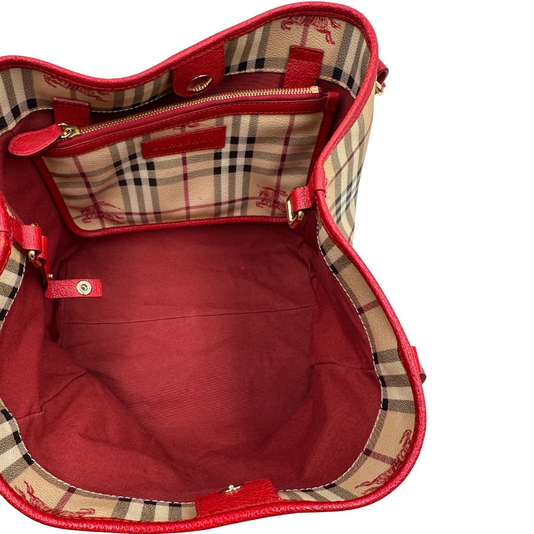 interno Borsa Burberry in canvas trama tartan e finiture in pelle rossa, di lusso, originale, ottime condizioni, usata