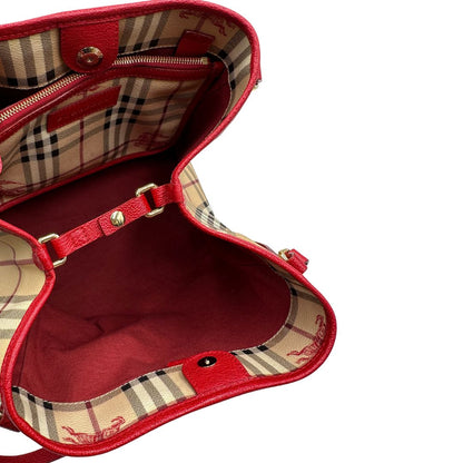 interno Borsa Burberry in canvas trama tartan e finiture in pelle rossa, di lusso, originale, ottime condizioni, usata