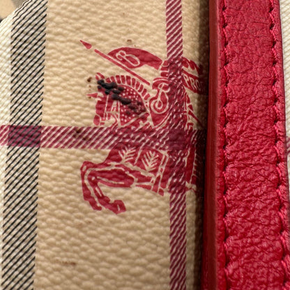 Borsa Burberry in canvas trama tartan e finiture in pelle rossa, di lusso, originale, ottime condizioni, usata.