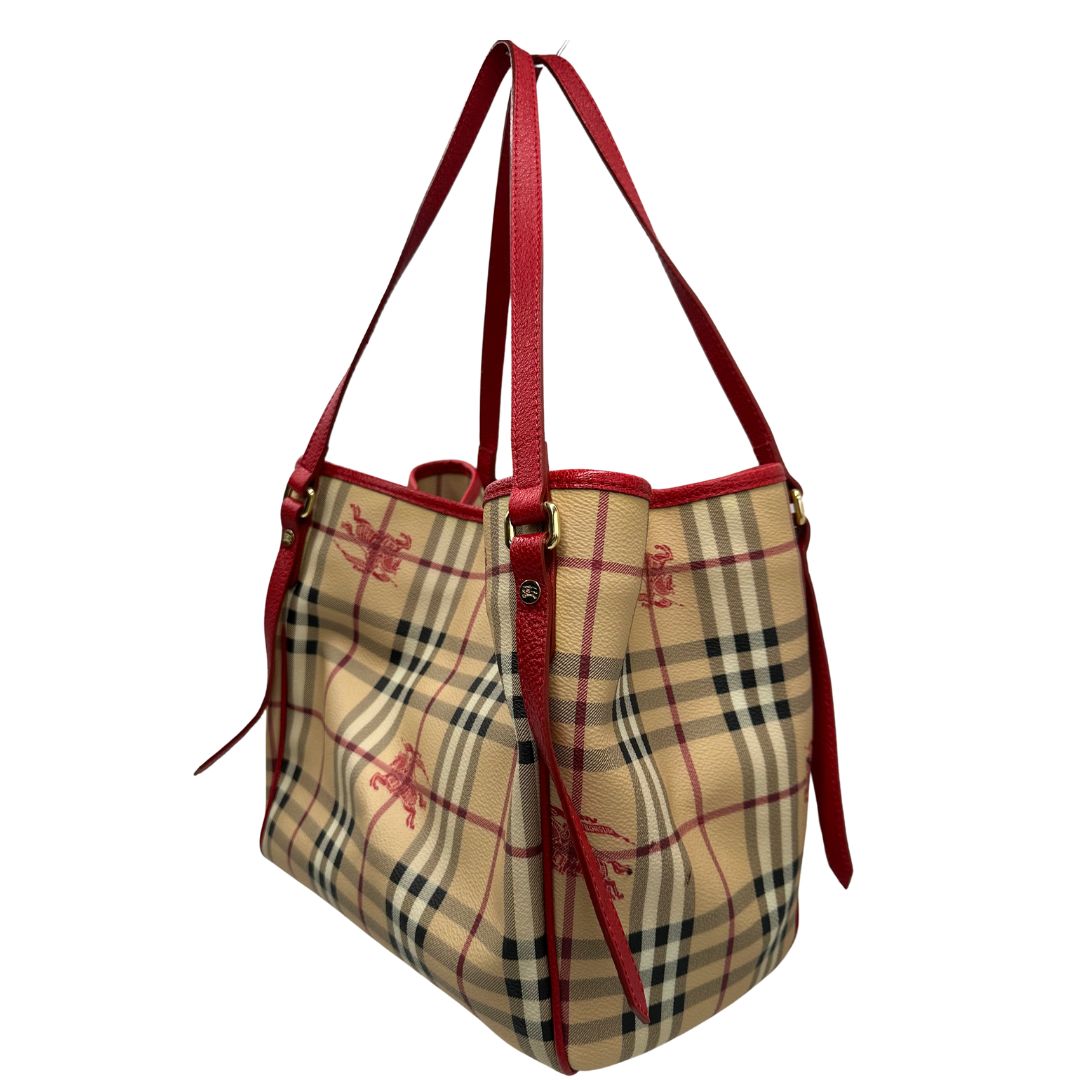 Borsa Burberry in canvas trama tartan e finiture in pelle rossa, di lusso, originale, ottime condizioni, usata.