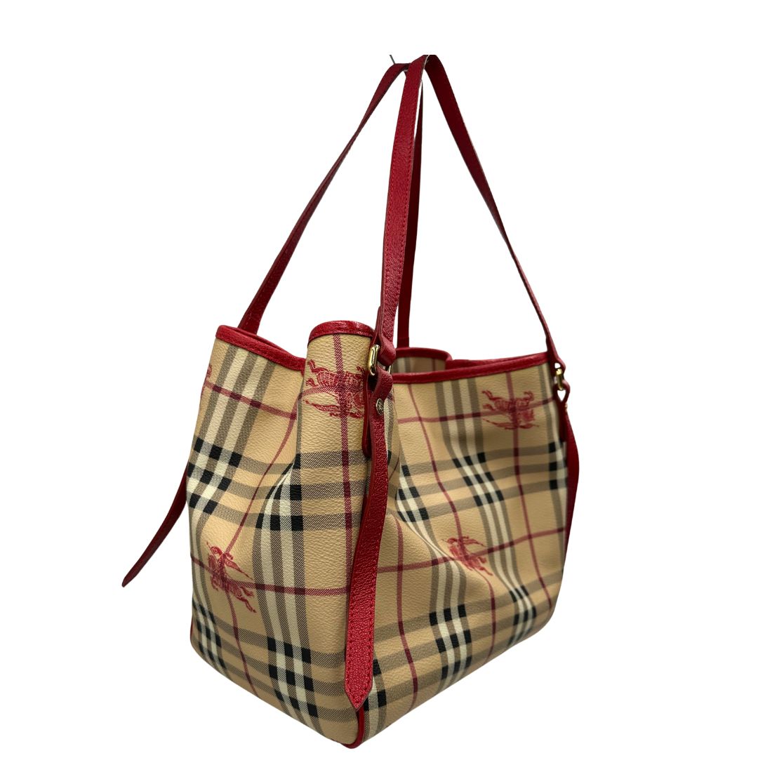 lato Borsa Burberry in canvas trama tartan e finiture in pelle rossa, di lusso, originale, ottime condizioni, usata. 