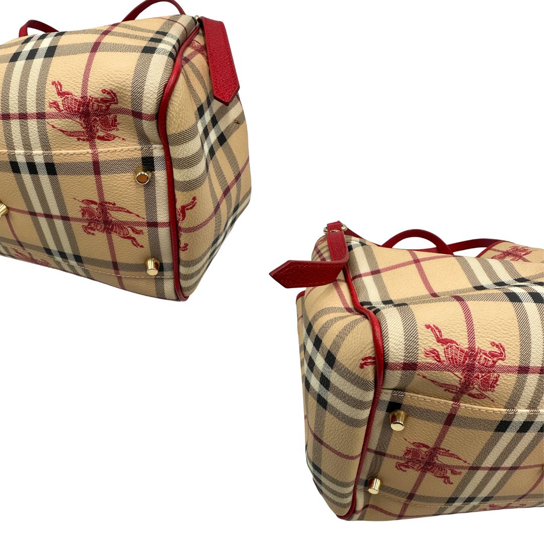 Borsa Burberry in canvas trama tartan e finiture in pelle rossa, di lusso, originale, ottime condizioni, usata.
