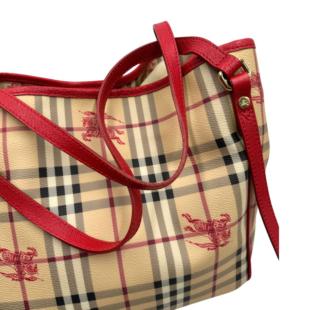 Borsa Burberry in canvas trama tartan e finiture in pelle rossa, di lusso, originale, ottime condizioni, usata.