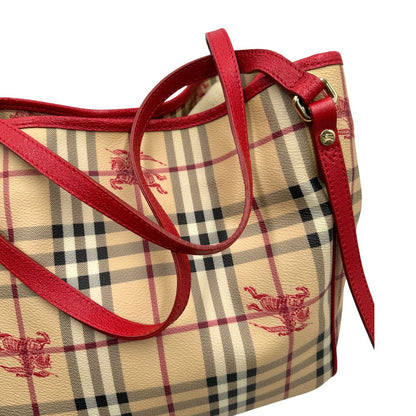 Borsa Burberry in canvas trama tartan e finiture in pelle rossa, di lusso, originale, ottime condizioni, usata.