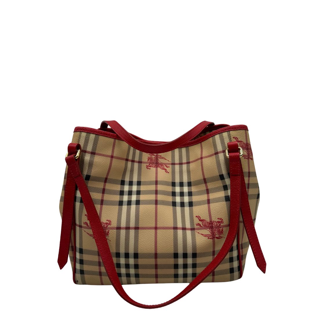 Borsa Burberry in canvas trama tartan e finiture in pelle rossa, di lusso, originale, ottime condizioni, usata.