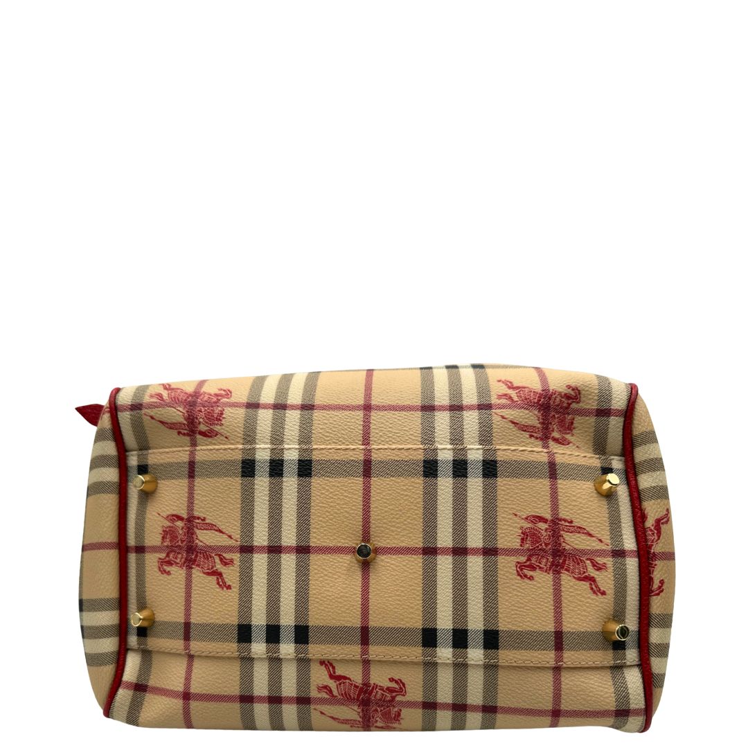 Borsa Burberry in canvas trama tartan e finiture in pelle rossa, di lusso, originale, ottime condizioni, usata.