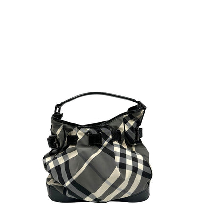 Retro di una borsa Burberry in poliammide e acrilico trama tartan, con finiture nere lucide, usata, originale, second hand, in ottime condizioni.