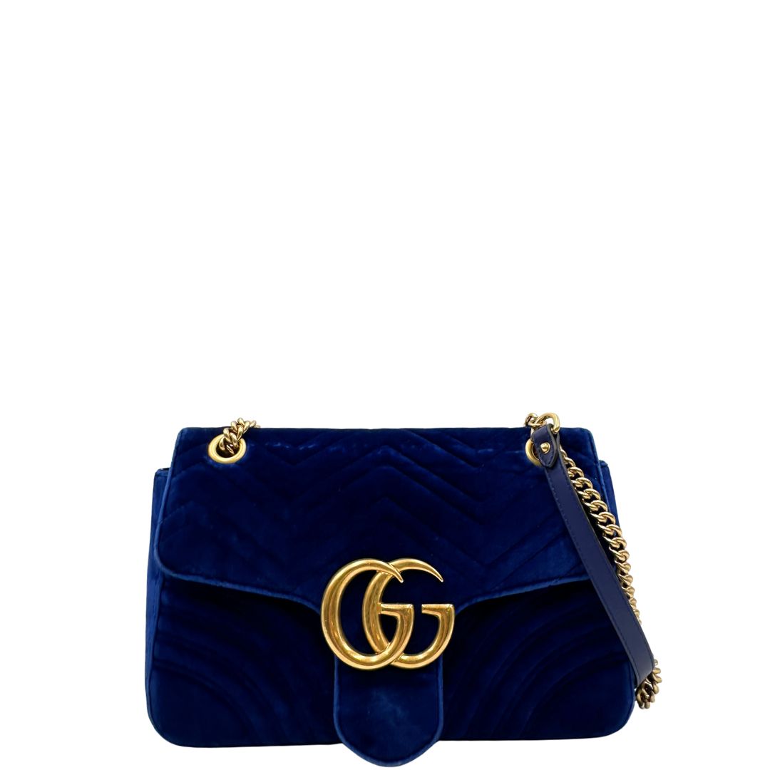 front  Borsa Gucci Marmont nella misura grande in velluto blu, di lusso, originale, ottime condizioni. 