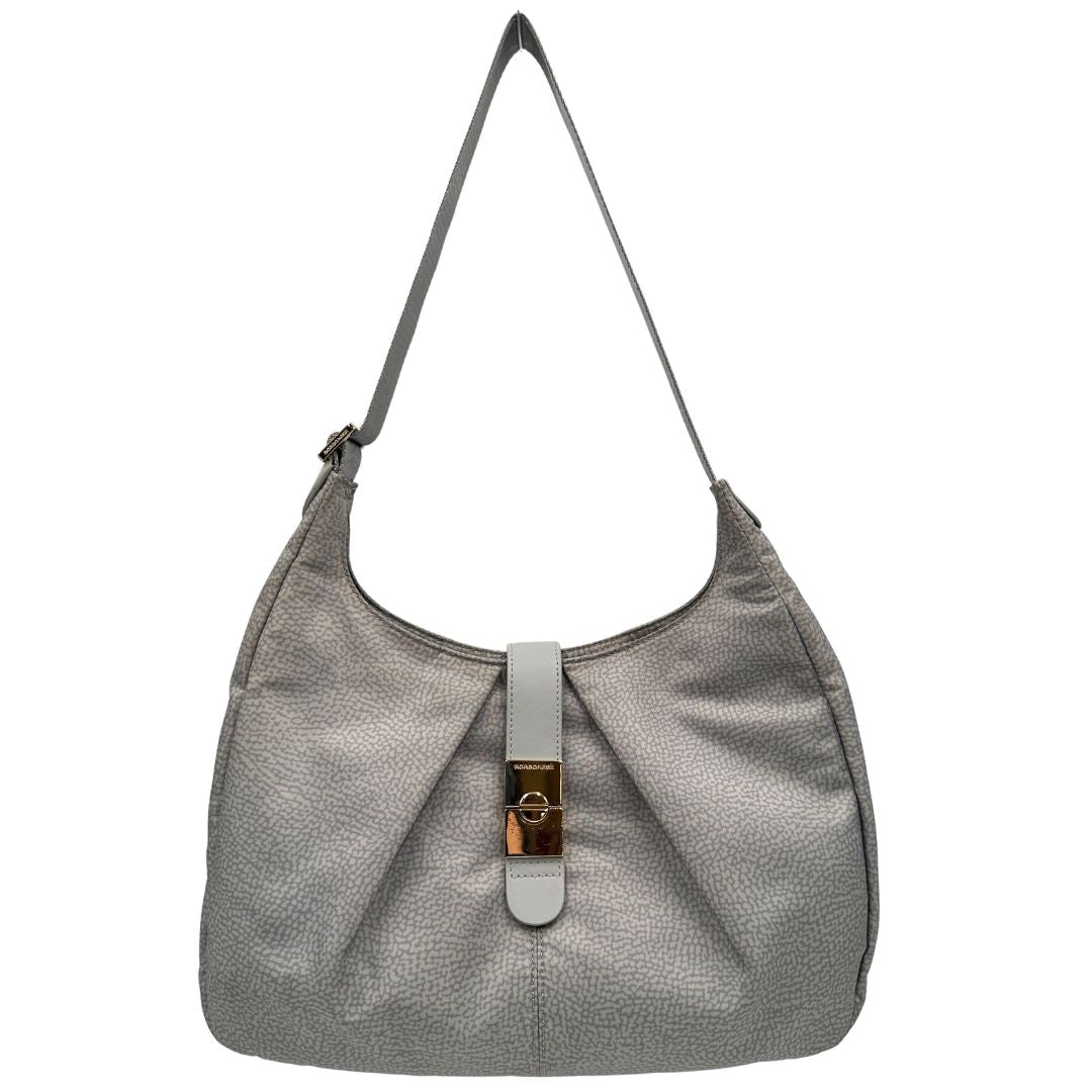 Front, Borsa modello hobo Borbonese tessuto nylon grigio con trama occhio di pernice, dettagli in pelle tono su tono e parti metalliche dorate. Originale, usata, di lusso, in ottime condizioni.