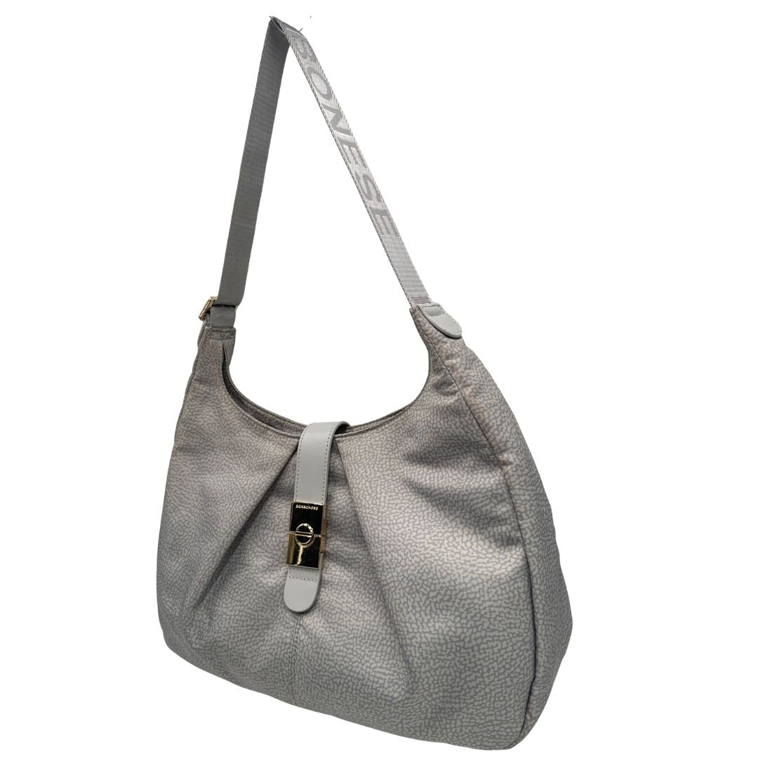 Lato sinistro, Borsa modello hobo Borbonese tessuto nylon grigio con trama occhio di pernice, dettagli in pelle tono su tono e parti metalliche dorate. Originale, usata, di lusso, in ottime condizioni.