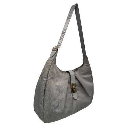 Lato destro, Borsa modello hobo Borbonese tessuto nylon grigio con trama occhio di pernice, dettagli in pelle tono su tono e parti metalliche dorate. Originale, usata, di lusso, in ottime condizioni.