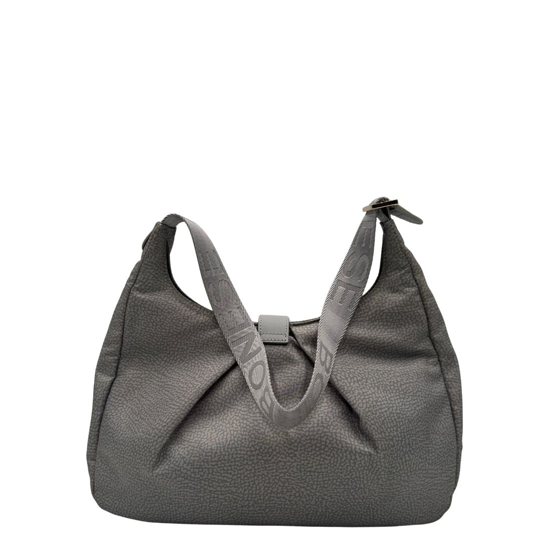 Retro, Borsa modello hobo Borbonese tessuto nylon grigio con trama occhio di pernice, dettagli in pelle tono su tono e parti metalliche dorate. Originale, usata, di lusso, in ottime condizioni.