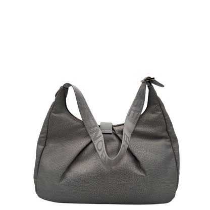 Retro, Borsa modello hobo Borbonese tessuto nylon grigio con trama occhio di pernice, dettagli in pelle tono su tono e parti metalliche dorate. Originale, usata, di lusso, in ottime condizioni.