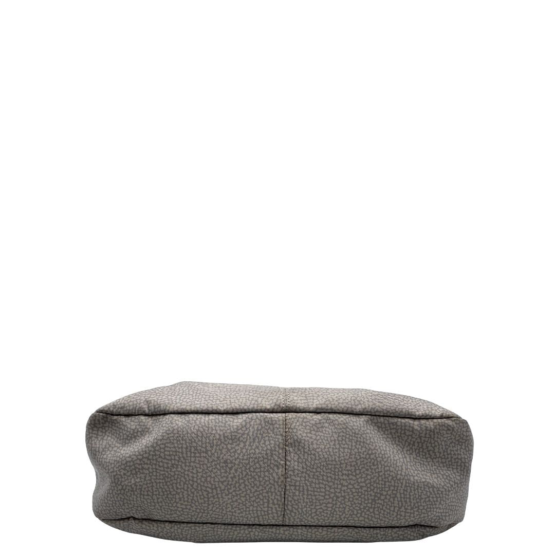 Base, Borsa modello hobo Borbonese tessuto nylon grigio con trama occhio di pernice, dettagli in pelle tono su tono e parti metalliche dorate. Originale, usata, di lusso, in ottime condizioni.