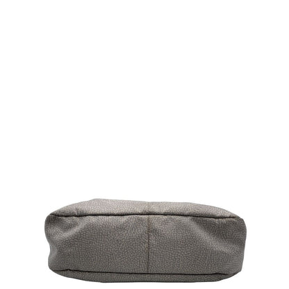 Base, Borsa modello hobo Borbonese tessuto nylon grigio con trama occhio di pernice, dettagli in pelle tono su tono e parti metalliche dorate. Originale, usata, di lusso, in ottime condizioni.
