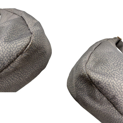 Angoli, Borsa modello hobo Borbonese tessuto nylon grigio con trama occhio di pernice, dettagli in pelle tono su tono e parti metalliche dorate. Originale, usata, di lusso, in ottime condizioni.