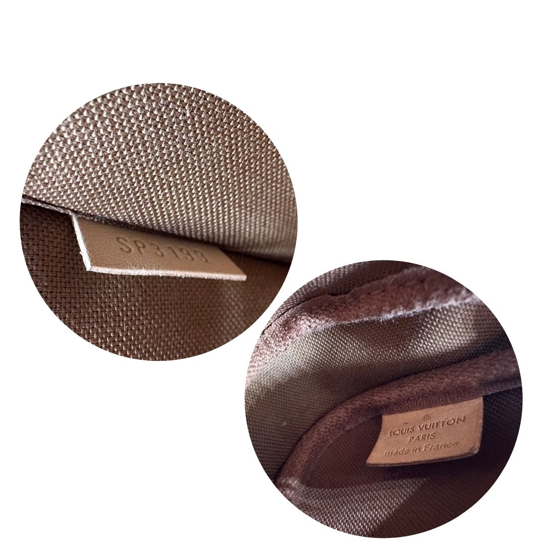 interno Multi Pochette Accessoires Louis Vuitton in canvas marrone monogram con dettagli in vacchetta naturale, manico in catena dorata e tracolla in tessuto Jacquard rosa, di lusso, originale, ottime condizioni, usata. 