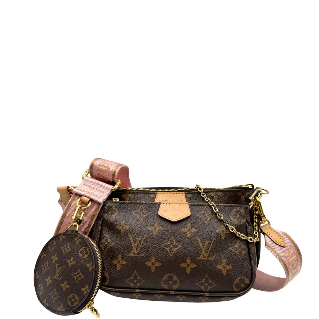 front Multi Pochette Accessoires Louis Vuitton in canvas marrone monogram con dettagli in vacchetta naturale, manico in catena dorata e tracolla in tessuto Jacquard rosa, di lusso, originale, ottime condizioni, usata. 