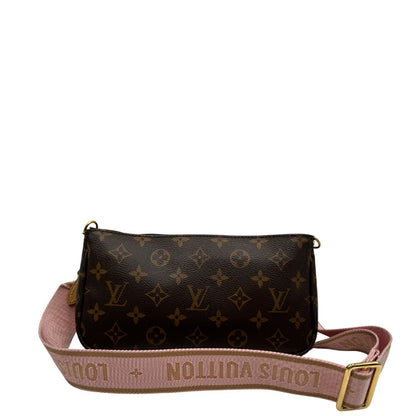 retro Multi Pochette Accessoires Louis Vuitton in canvas marrone monogram con dettagli in vacchetta naturale, manico in catena dorata e tracolla in tessuto Jacquard rosa, di lusso, originale, ottime condizioni, usata. 