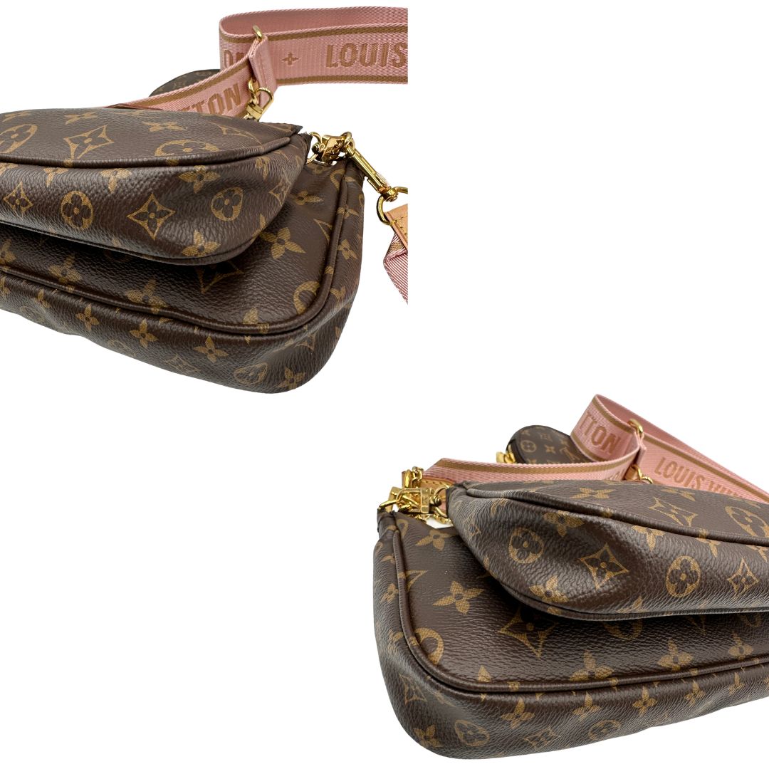 angoli Multi Pochette Accessoires Louis Vuitton in canvas marrone monogram con dettagli in vacchetta naturale, manico in catena dorata e tracolla in tessuto Jacquard rosa, di lusso, originale, ottime condizioni, usata. 