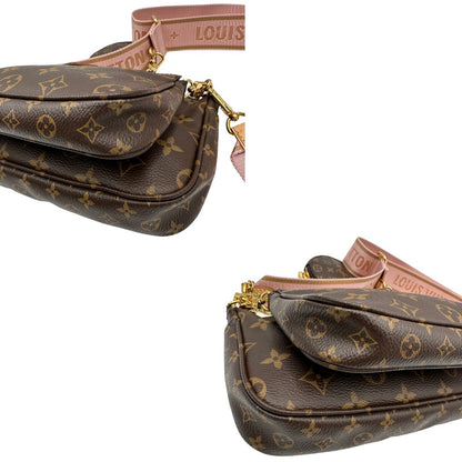 angoli Multi Pochette Accessoires Louis Vuitton in canvas marrone monogram con dettagli in vacchetta naturale, manico in catena dorata e tracolla in tessuto Jacquard rosa, di lusso, originale, ottime condizioni, usata. 