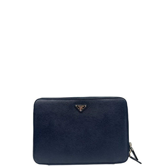 Portadocumenti Prada in pelle saffiano blu, di lusso, originale, ottime condizioni, usato.