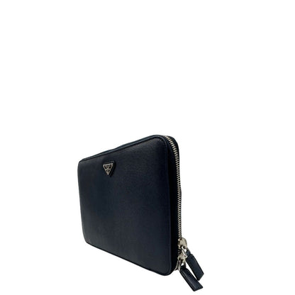 Portadocumenti Prada in pelle saffiano blu, di lusso, originale, ottime condizioni, usato.
