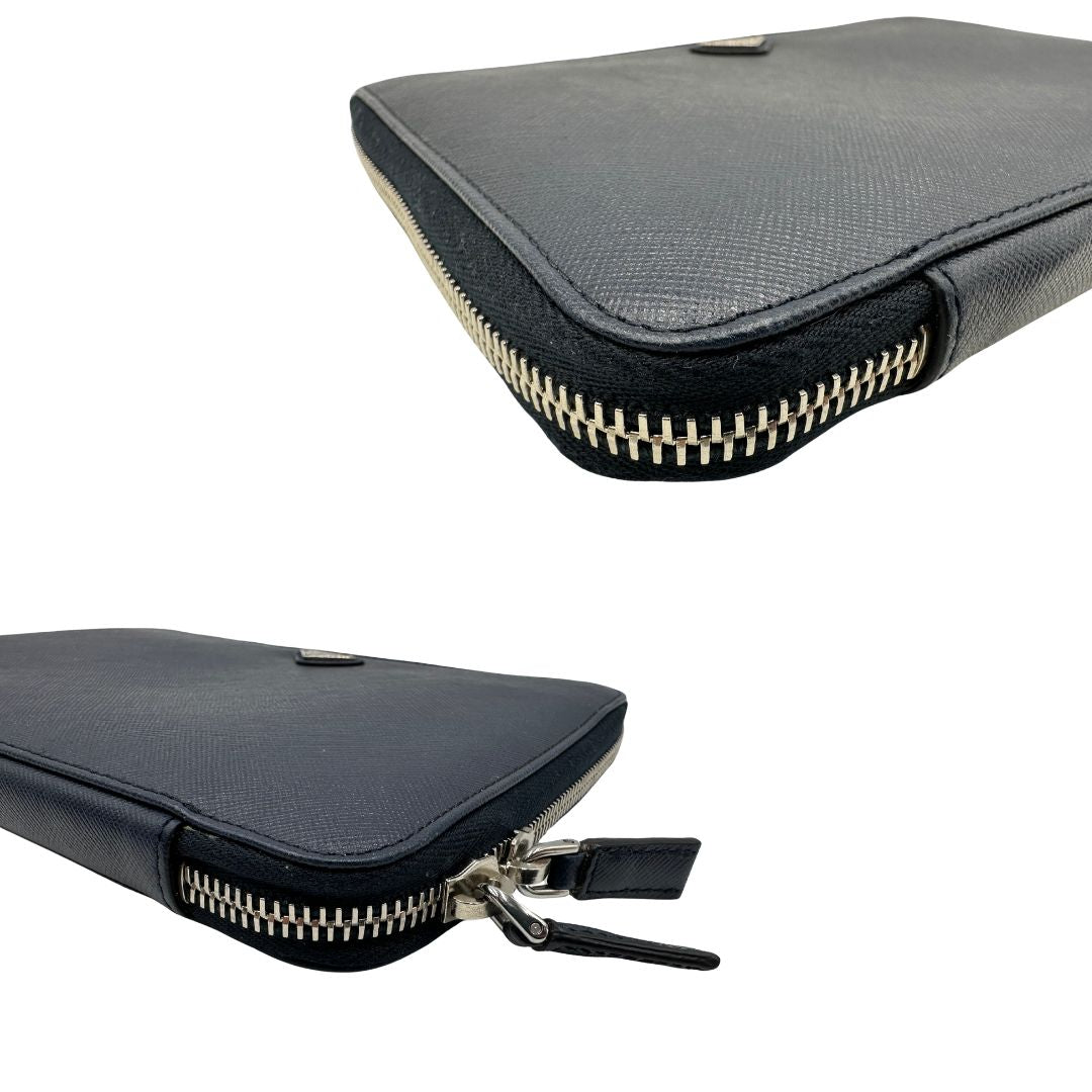 Portadocumenti Prada in pelle saffiano blu, di lusso, originale, ottime condizioni, usato.