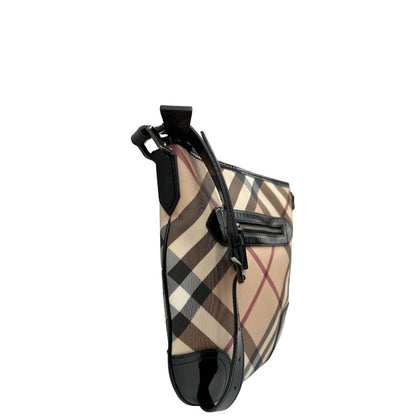 lato Borsa a tracolla Burberry in canvas tartan e finiture nere lucide, di lusso, originale, ottime condizioni, usata. 