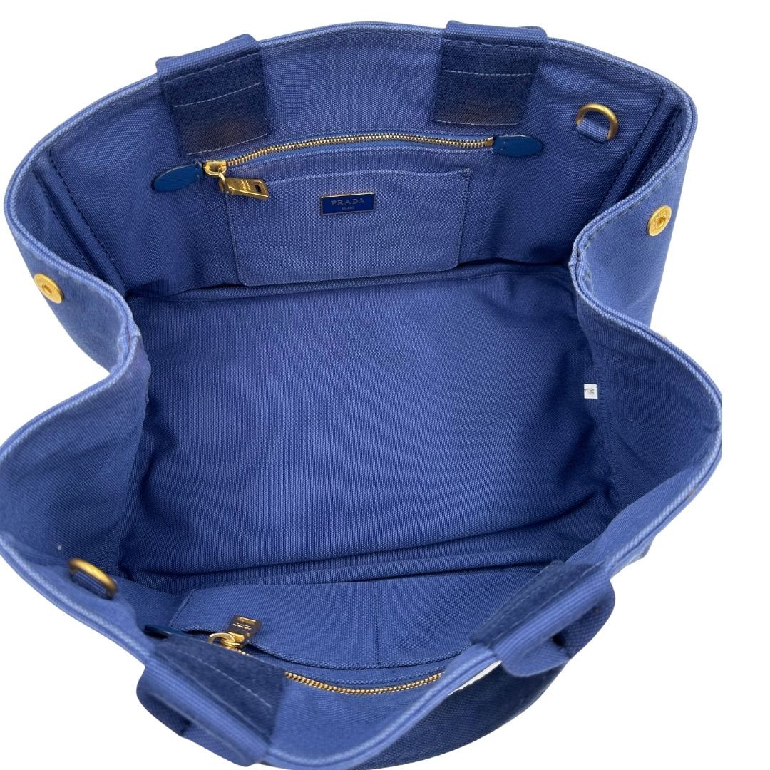 interno  Borsa Tote Prada in tessuto blu, di lusso, originale, ottime condizioni, usata.