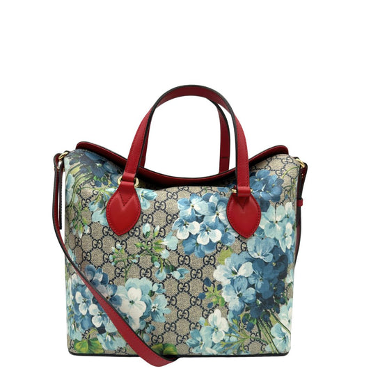 front  Borsa Gucci in canvas GG con stampa floreale e finiture in pelle rossa, di lusso, originale, usata. 