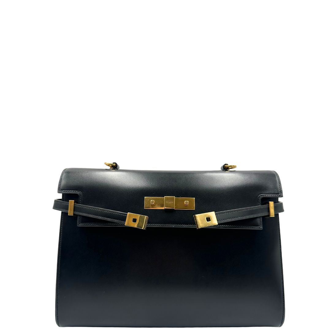 front  Borsa Saint Laurent Manhattan in pelle nera e hardware dorato, da portare a mano o a braccio, di lusso, eccellenti condizioni, usata, originale. 
