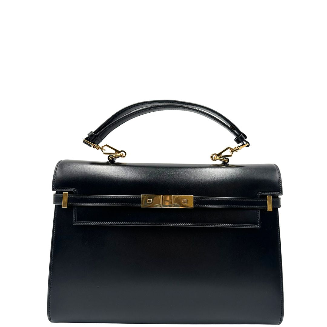 front  Borsa Saint Laurent Manhattan in pelle nera e hardware dorato, da portare a mano o a braccio, di lusso, eccellenti condizioni, usata, originale. 