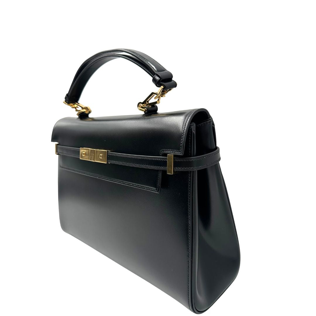 lato  Borsa Saint Laurent Manhattan in pelle nera e hardware dorato, da portare a mano o a braccio, di lusso, eccellenti condizioni, usata, originale. 