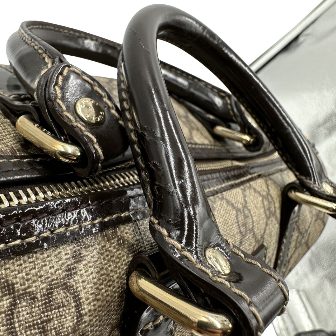 manici Bauletto Gucci GG con finiture in pelle marroni, di lusso, originale, ottime condizioni, usato. 