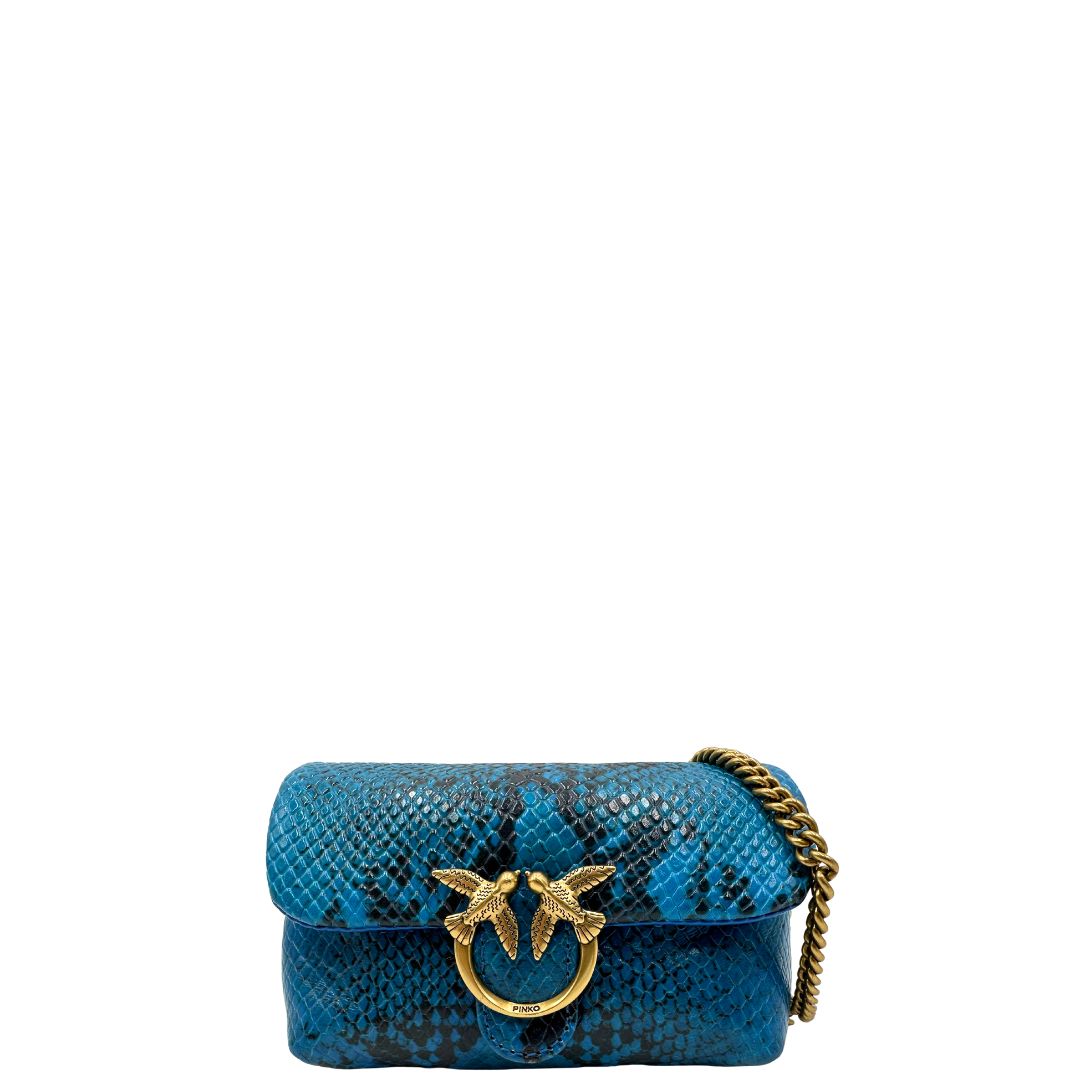 front  Borsa Pinko in pelle blu animalier nella versione micro, di lusso, originale, ottime condizioni, usata. 