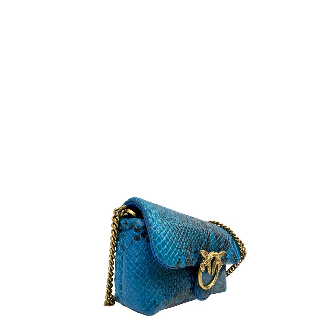 lato  Borsa Pinko in pelle blu animalier nella versione micro, di lusso, originale, ottime condizioni, usata. 