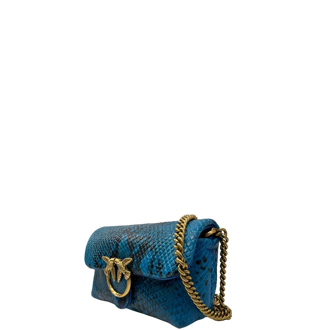 lato  Borsa Pinko in pelle blu animalier nella versione micro, di lusso, originale, ottime condizioni, usata. 