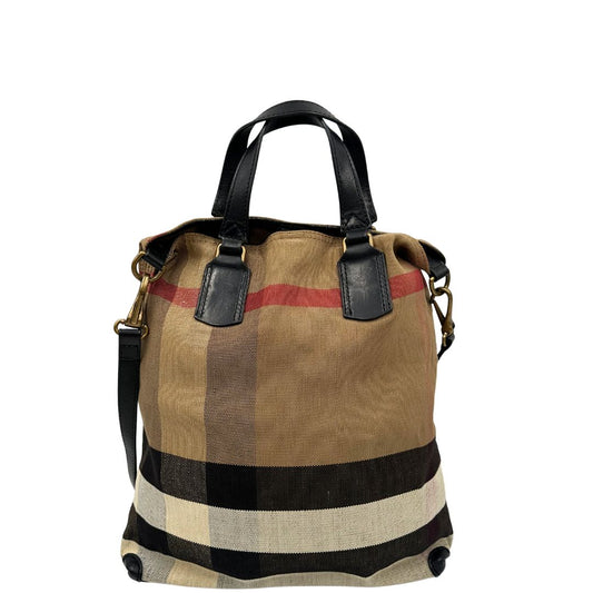  Borsa a tracolla Burberry in canvas tartan e finiture nere lucide, di lusso, originale, usata.
