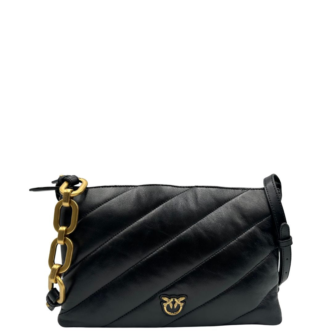 front  Borsa Pinko in pelle nera, indossabile a tracolla, di lusso, originale, ottime condizioni, usata. 